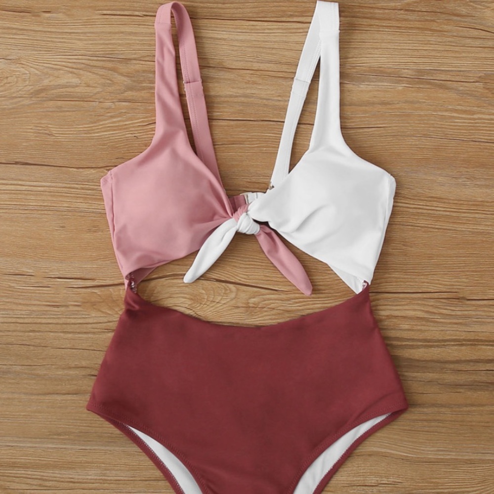 Colorblock Tie Front Cut-Out One Piece Swimsuit